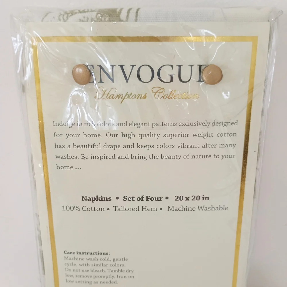 New Envogue Hamptons Collection 100% Cotton Napkins Set Of 4 Gold Leaf